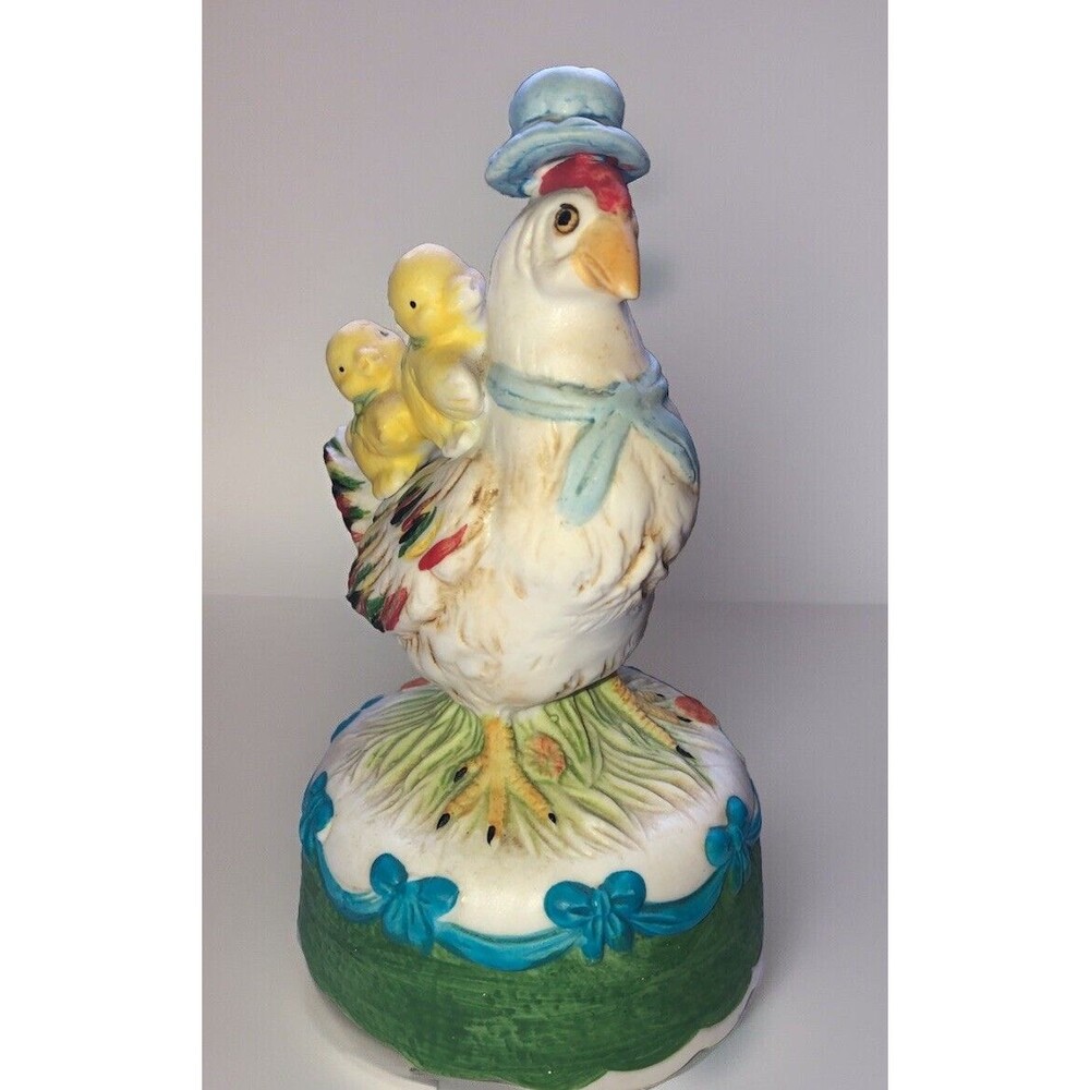 Hen & Chicks Music Box Porcelain Figurine Decor Collectible Easter